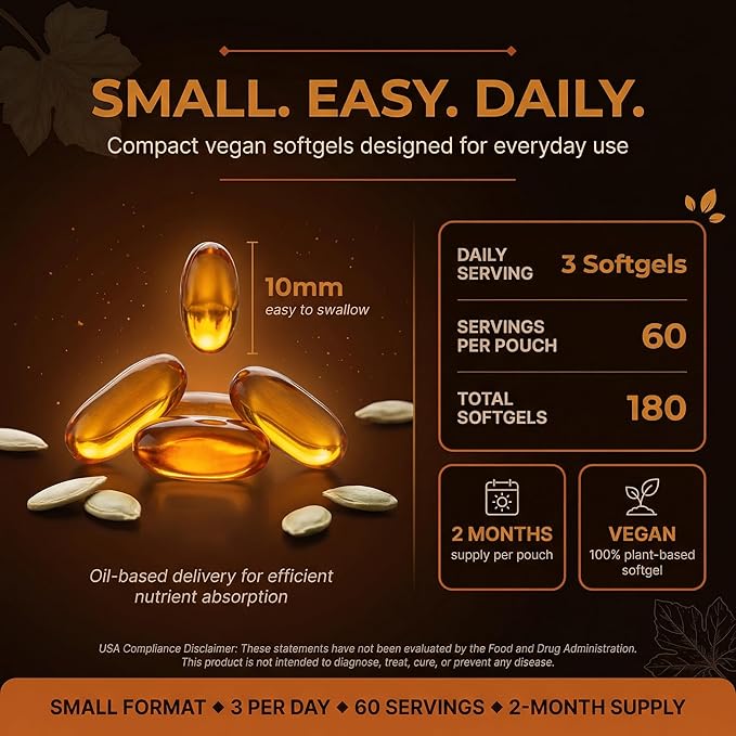 Pumpkin Seed Oil 3000mg with Saw Palmetto, Beta-Sitosterol, Zinc & BioPerine® – 180 Vegan Softgels | Prostate & Hair Growth Support | DHT Blocker | Urinary & Bladder Health | Cold-Pressed