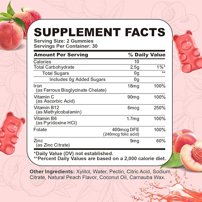 2PCS Iron Supplement for Women & Men Gummies, Multivitamin Blood Builder Iron Supplement with Folate Vitamin C B12 B6 Zinc for Adults & Kids - Energy Support - Peach Flavor, Vegan 120 Gummies