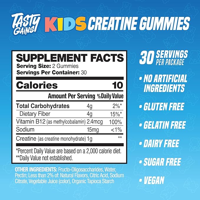 TASTY GAINS Kids & Teen Creatine Gummies with Vitamin B12 for Growth Support, Easy Chew Daily Supplement, Gummy Vitamins for Kids and Teens, Ages 5+