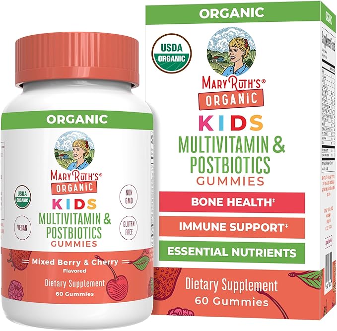 MARYRUTH'S Kids Vitamins USDA Organic | Multivitamin Gummies + Postbiotics for Ages 4+ | Multivitamin for Kids with Lactobacillus Rhamnosus | Children’s Vitamins | Vegan | Non-GMO | 60 Count