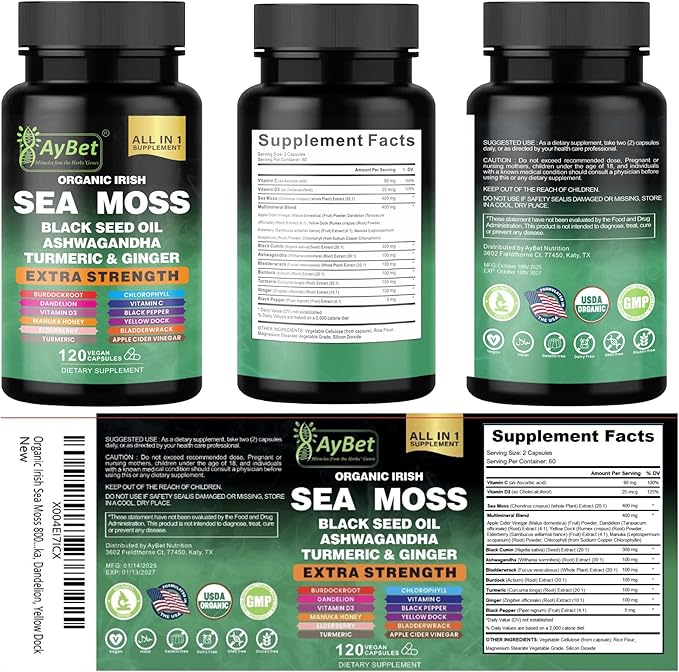Organic Irish Sea Moss Capsules 120 Count –16 in 1 Sea Moss Supplement with Black Seed Oil, Ashwagandha, Turmeric & Ginger, Bladderwrack & Burdock Root, Vitamin D3 –Organic, Vegan, Halal, Non-GMO