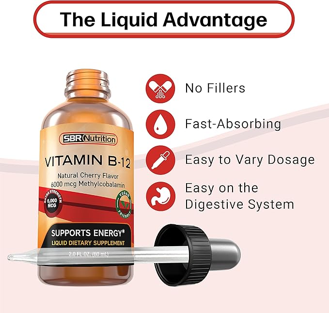 SBR Nutrition Extra Strength 6000mcg Vitamin B12 Sublingual Liquid Drops - Methylcobalamin, VIT B 12 Supports Energy, Max Absorption, 60 Servings, Non-GMO, Vegan Friendly, Manufactured in The USA