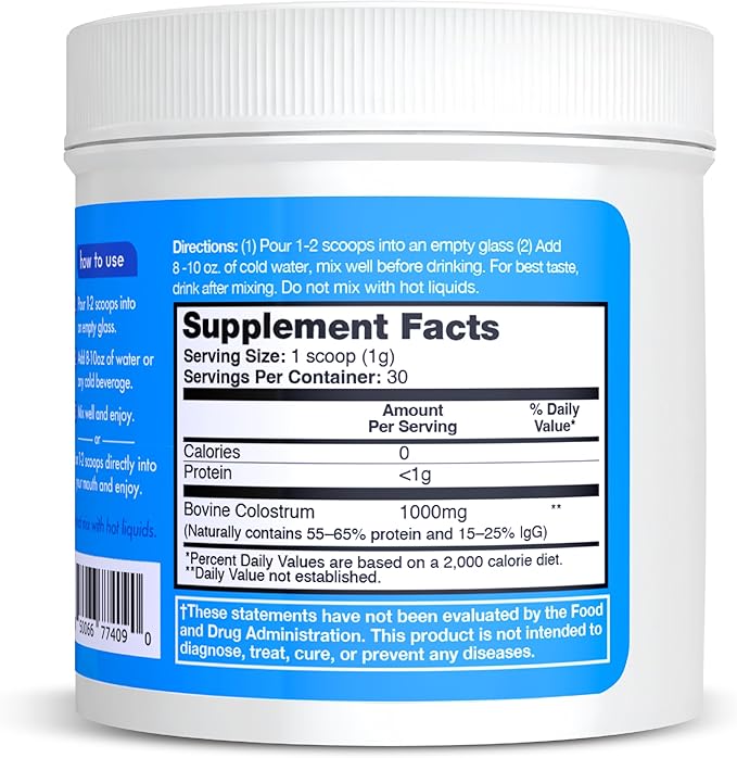 Zena Nutrition Bovine Colostrum Powder Supplement, 1000mg Pure Colostrum, Supports Immune and Digestive Health, Promotes Gut Health, Keto, Gluten Free, Fat Free, Grass Fed, Unflavored, 30 Servings