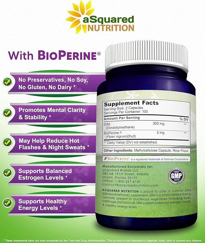 aSquared Nutrition DIM Supplement 300mg Per Serving Plus BioPerine - 200 Veggie Capsules - Diindolylmethane DIM Max Strength Pills to Support Estrogen Metabolism & Balance, Menopause, Hormonal Acne