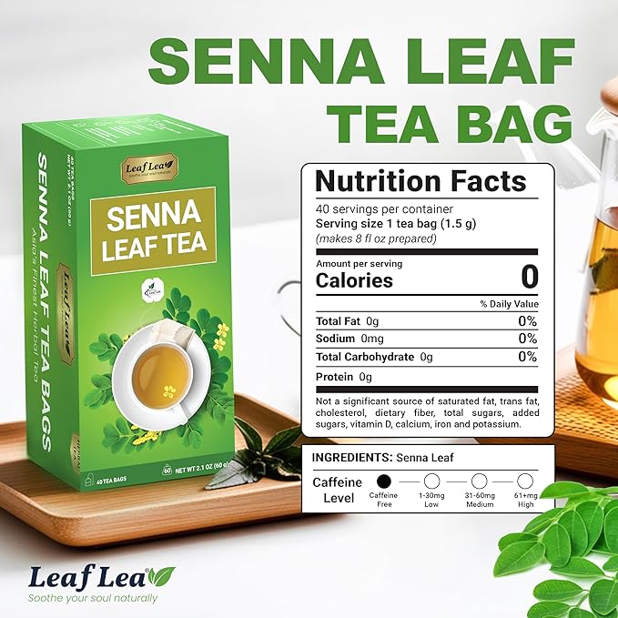 LeafLea 40 Senna Tea Bags – 100% Pure Senna Leaves, Herbal Laxative Tea for Gentle Constipation Relief, Caffeine-Free, Sugar-Free, Gluten-Free, Non-GMO, Vegan, Supports Digestive Health