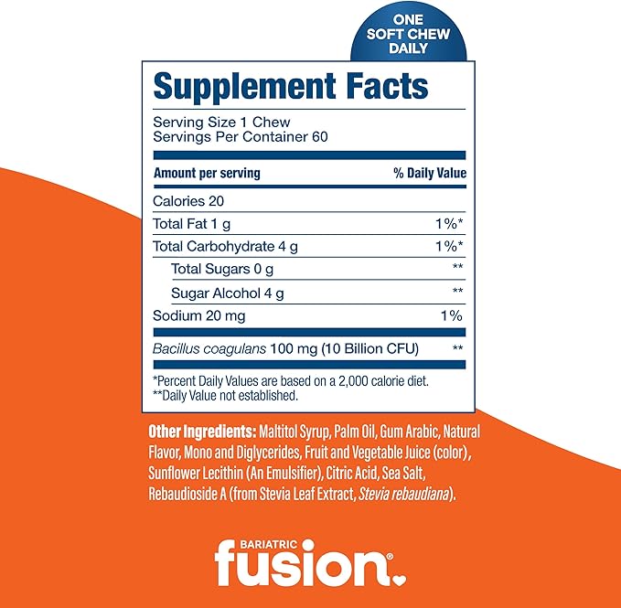 Bariatric Fusion Bariatric Probiotic Soft Chews | Orange Tropical Flavor Chewy Bariatric Vitamin | Bacillus Coagulans 10 Billion CFU Chewable Probiotic | Support Digestive & Immune Health | 60 Count