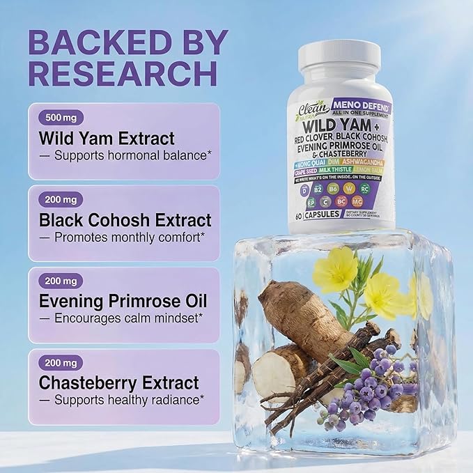 Clean Nutra Wild Yam Root Capsules with Red Clover Black Cohosh Evening Primrose Oil Chasteberry Dong Quai DIM Ashwagandha Grape Seed Extract Milk Thistle Lemon Balm and more Hormone Balance For Women