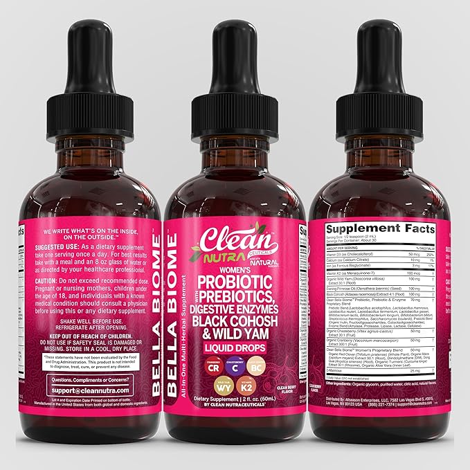 Liquid Probiotics for Women Drops with Chasteberry, Black Cohosh, Prebiotics, Digestive Enzymes, Evening Primrose Oil, Wild Yam, Cranberry Dmannose and Iron Vitamin D3 K2 Clean Nutra Bella Biotics (2)