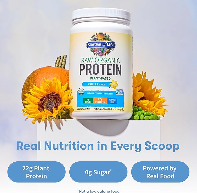 Garden of Life Protein Powder, Vegan Protein Powder, BCAA, Probiotics & Digestive Enzymes, Gluten & Lactose Free, Vanilla, 23.28 Ounce