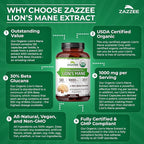 Zazzee USDA Organic Lion's Mane 20:1 Extract, 1000 mg Per Serving, 30% Beta Glucans, 120 Vegan Capsules, Nootropic for Brain Health, Focus, Memory & Immune Support, All-Natural, Non-GMO, Made in USA