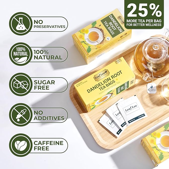 LeafLea Dandelion Root Tea Bags, 160 Dandelion Tea Bags, Natural Dried Dandelion Root, Caffeine-Free, Vegan, Gluten-Free, No Sugar, Sealed for Fresh Flavor, 4 Pack