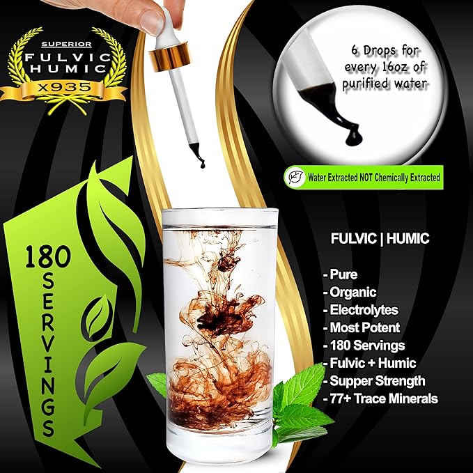 Fulvic Humic Mineral Blend – 180 Servings | Superior X935 Humic and Fulvic Acid Supplement | 77+ Trace Mineral Drops with Electrolytes | Improve Gut Health, Leaky Gut Repair with Fulvic Acid Organic