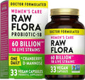 Raw Flora Women's Probiotics | Dr. Formulated 60 Billion CFU + Prebiotics | Digestive, Vaginal & Urinary Support | 33 Vegan Capsules with Cranberry & D-Mannose | Shelf Stable