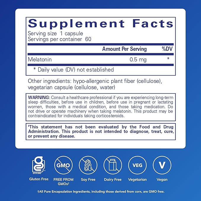Pure Encapsulations Melatonin 0.5 mg - Natural Sleep Helper for Bedtime - Regulates Sleep-Wake Cycle - 0.5 mg Melatonin - Vegan & Non-GMO - 60 Capsules