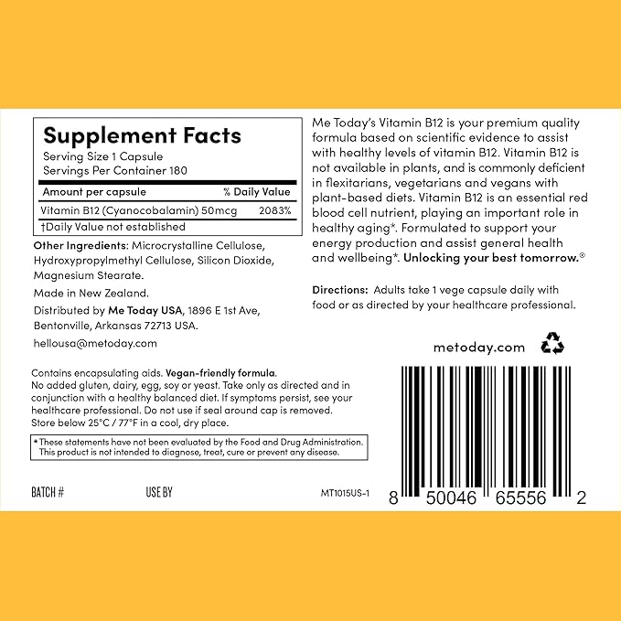 me today High-Dose Vitamin B12 50mcg Supplement - Energy Support Capsules - Cyanocobalamin for Vegan Plant-Based Diets - Red Blood Cell Formation - 180 Servings