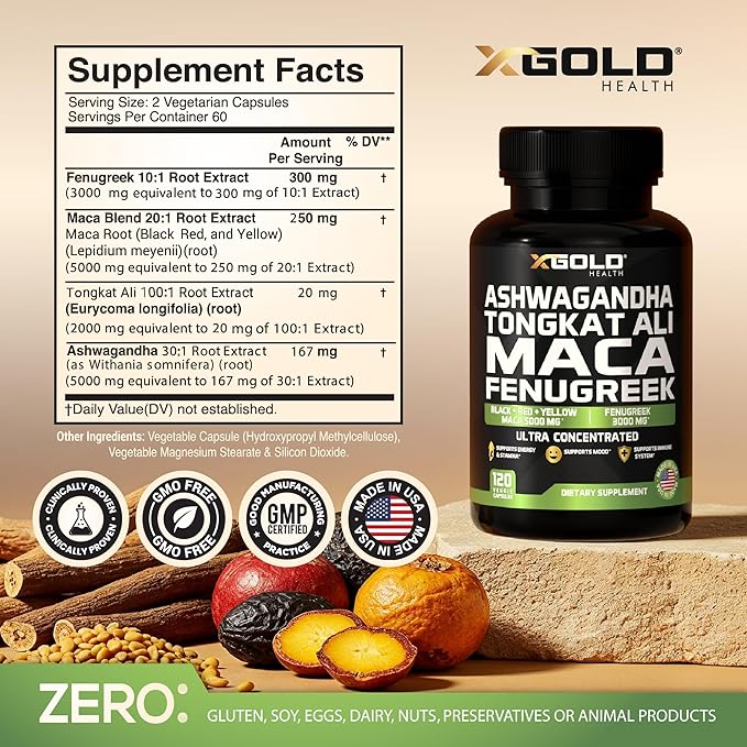 Ashwagandha 30:1 + Tongkat Ali 100:1 + Maca Root 20:1 + Fenugreek 10:1 Extract Supplement for Men & Women | High Potency Herbal Complex | Energy, Vitality & Performance Support | Made in USA