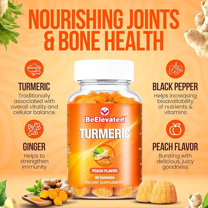 Curcumin Turmeric Gummies – 2000mg Turmeric Extract and Ginger Supplement Gummies – Vegan, Non-GMO, with Black Pepper – 60 Count – Peach Flavor – 30-Day Supply