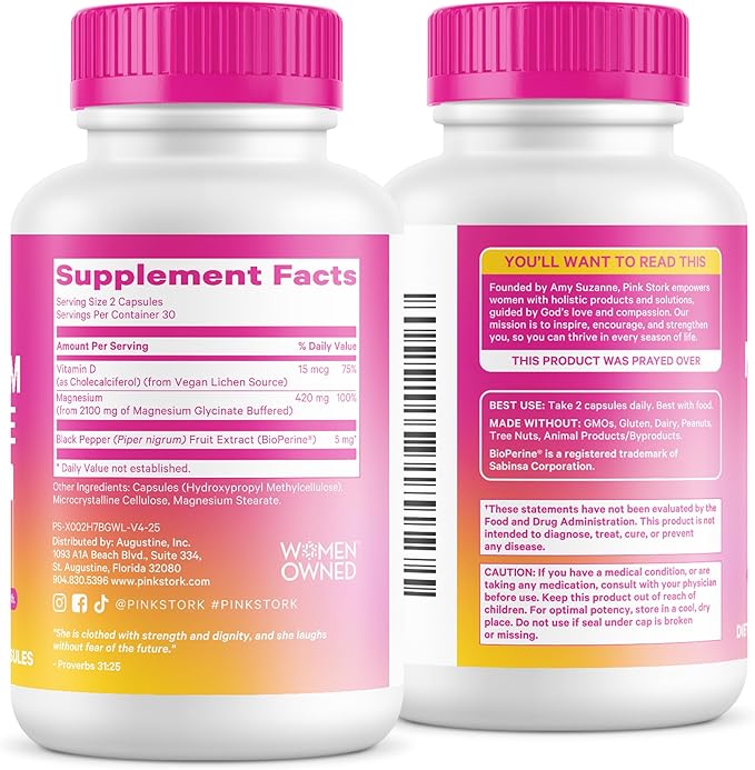 Pink Stork Magnesium Glycinate with Vitamin D - Magnesium Supplement for Women to Support Natural Calm, Mood, and Sleep - Hormone Balance for Women - 60 Capsules, 1 Month Supply
