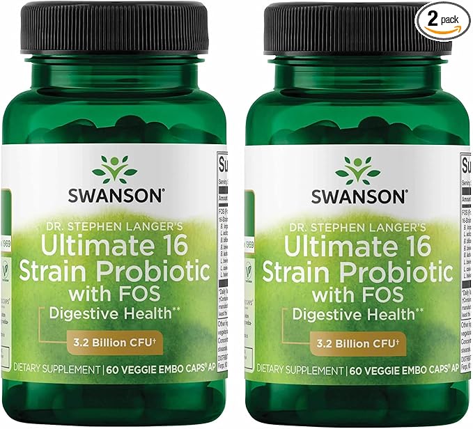 Swanson Dr. Stephen Langer's 16-Strain Probiotic with Prebiotic FOS for Gut-Health-Conscious Adults with 3.2 Billion CFU (60 Vegan Capsules, 2 Pack)