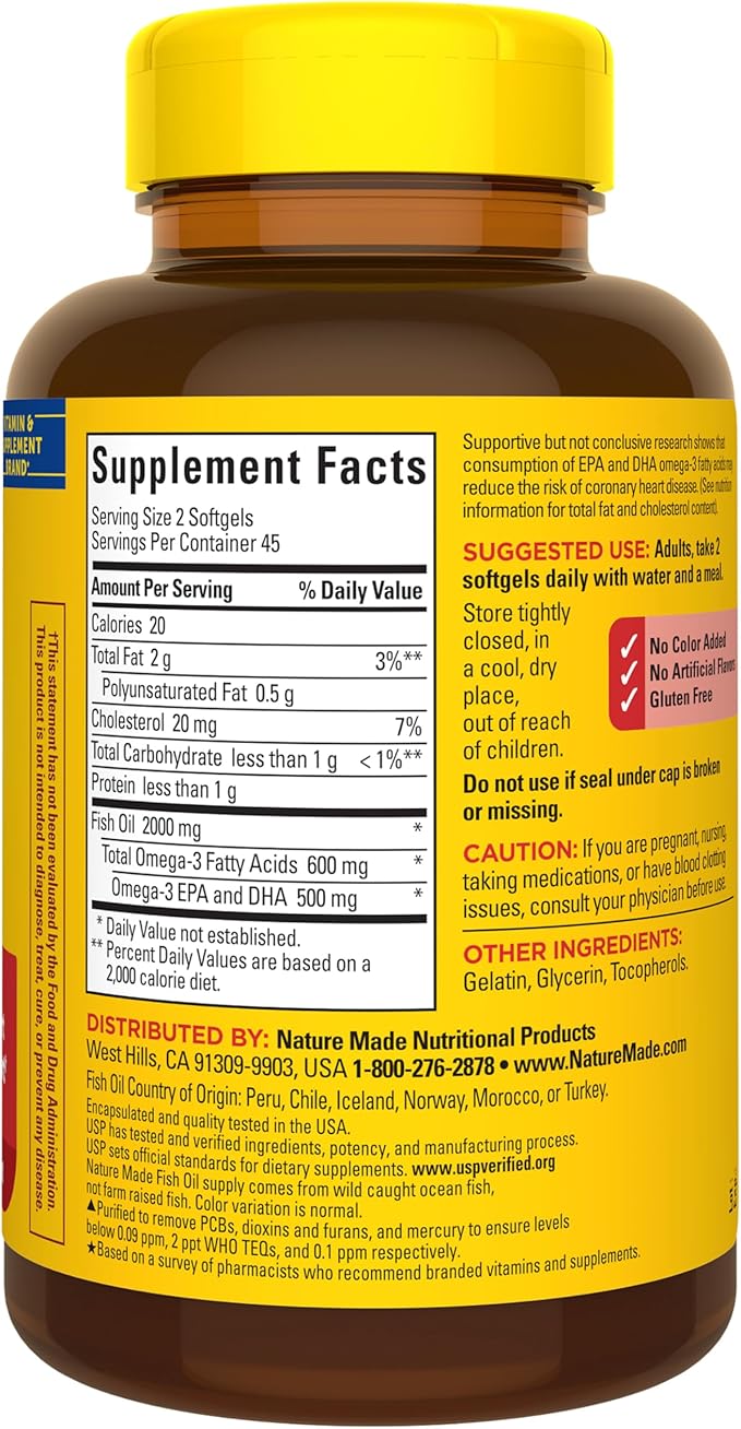 Nature Made Fish Oil Omega 3 Supplements, 1000 mg Softgels, Omega 3 Fish Oil for Healthy Heart Support, 90 Softgels, 45 Day Supply