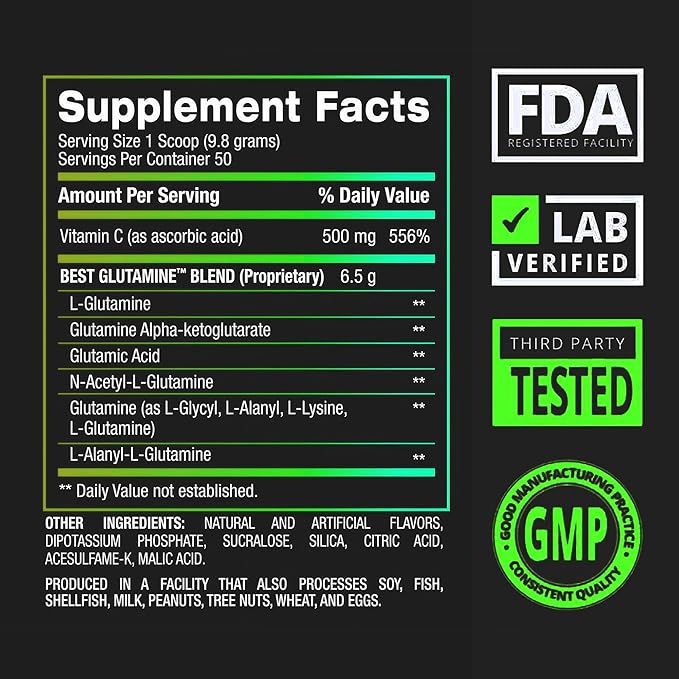 BPI Sports Best Glutamine Supplement, L Glutamine Powder for Gut Health, Muscle Recovery and Immune Support – 6 Advanced Glutamine Types + Vitamin C – 50 Servings – Lime Sherbet Flavor