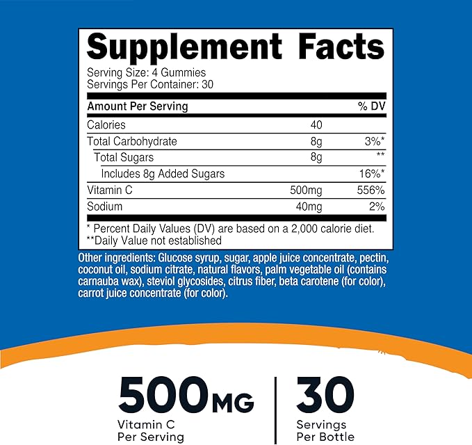 Nutricost Vitamin C Gummies (500mg) 120 Gummies - Made with Natural Flavors & 556% DV of Vitamin C, Vegan, GMO-Free, Gluten-Free, 30 Servings