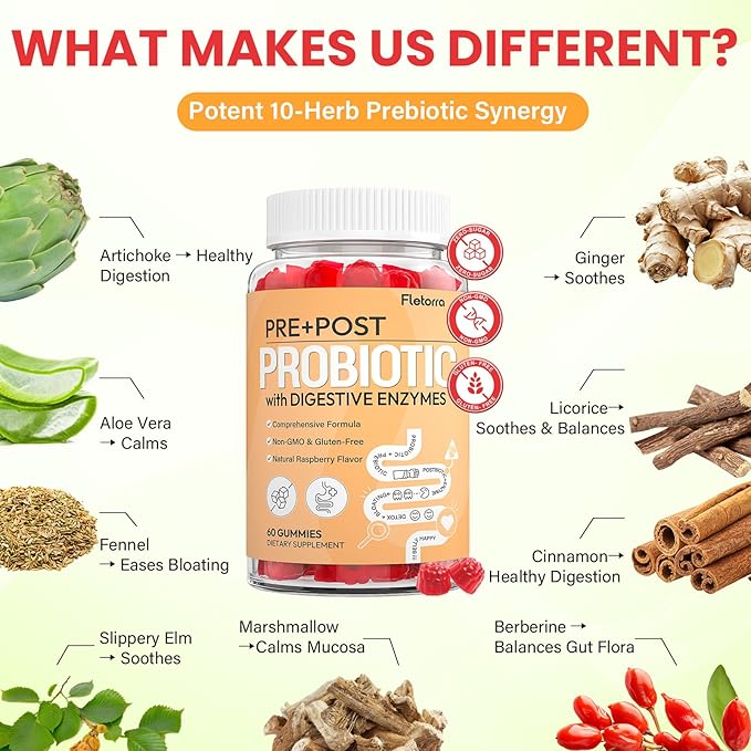 Probiotic Gummies, 4-in-1 Pre and Post Probiotics for Women & Men, with 16 Digestive Enzymes for Gut Health, Digestion, Immunity, 0 Sugar, Prebiotics and Probiotics, 60 Gummies