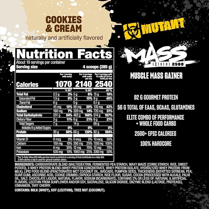 Mutant Mass Extreme 2500 Gainer - Whey Protein Powder with 3-Source Whey Protein Blend & Whole Food Carbs - High Calorie Mass Gainer for Muscle Building & Weight Gain - Cookies & Cream, 12 lbs