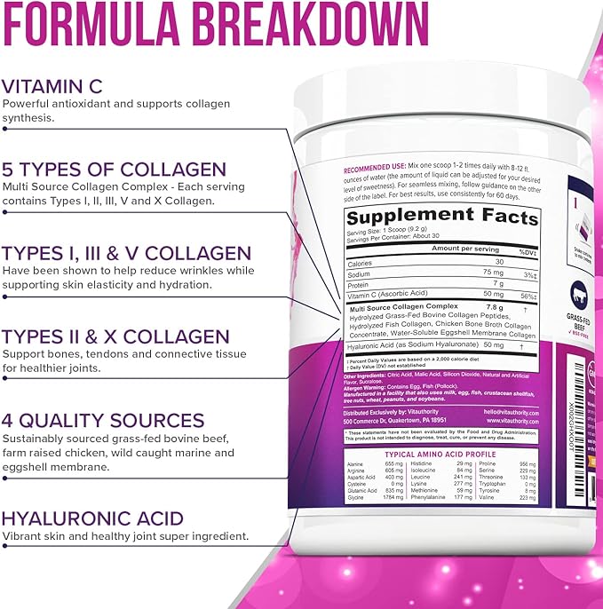 Multi Collagen Peptides Powder for Women - Hydrolyzed Flavored Collagen Powder for Women with Types I II III V & X Vitamin C & Hyaluronic Acid for Hair Skin and Nails (Pink Lemonade) - 30 Servings