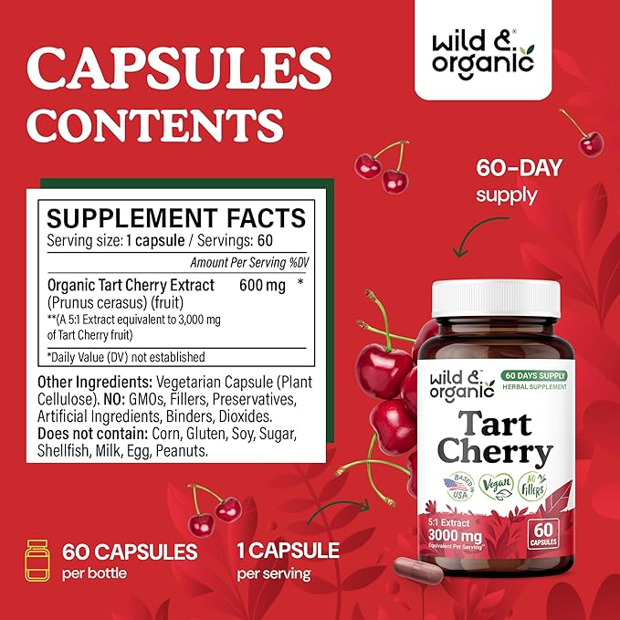 Wild & Organic Tart Cherry Capsules 600 mg - Uric Acid Support - Tart Cherry Powder Supplement - Prunus Cerasus Fruit Extract - 60 Days of Supply - Vegan, No Fillers, Non-GMO - 60 Count