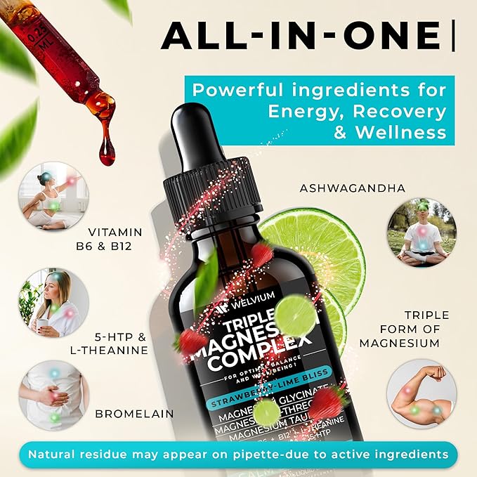Triple Magnesium Complex Liquid Drops - Magnesium Glycinate Supplement with L-Threonate, Taurate - Ashwagandha, L-Theanine, 5-HTP, Vitamins B6, B12, Bromelain, Inositol for Mineral Balance