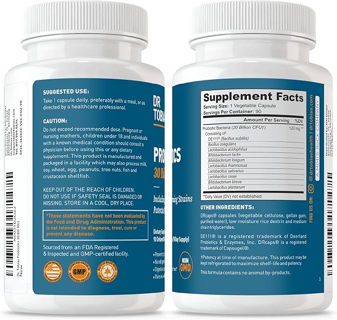 Dr. Tobias Probiotics 30 Billion, 10 Strains, 30 Billion CFU's, Targeted Release Probiotics for Women & Men, Supports Digestive Health, Shelf-Stable, Non-GMO, 90 Capsules, 90 Servings