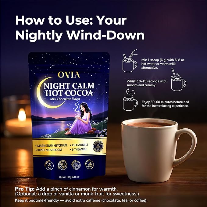 OVIA Night Calm – Melatonin-Free Magnesium Mushroom Hot Cocoa for Sleep – Nighttime Hot Chocolate with L-Tryptophan, L-Theanine & Reishi – Relaxation, Stress & Cortisol Support | 30 Servings