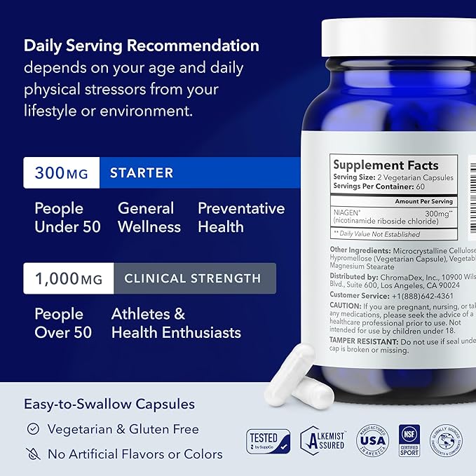 TRU NIAGEN Patented NAD Supplement for Brain Function, Anti Aging & Cell Regeneration, Niagen, 60 300mg Servings | Supports Cellular Energy, Muscle | Nicotinamide Riboside (NR) Take 2 Daily | 1 Bottle