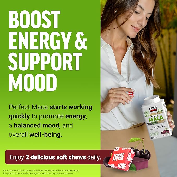 Force Factor Perfect Maca, Maca Root and DIM Supplement with Saffron to Boost Energy and Mood, with Yellow and Black Maca, Vitamins, Minerals, and Antioxidants, Dark Cherry Flavor, 60 Soft Chews