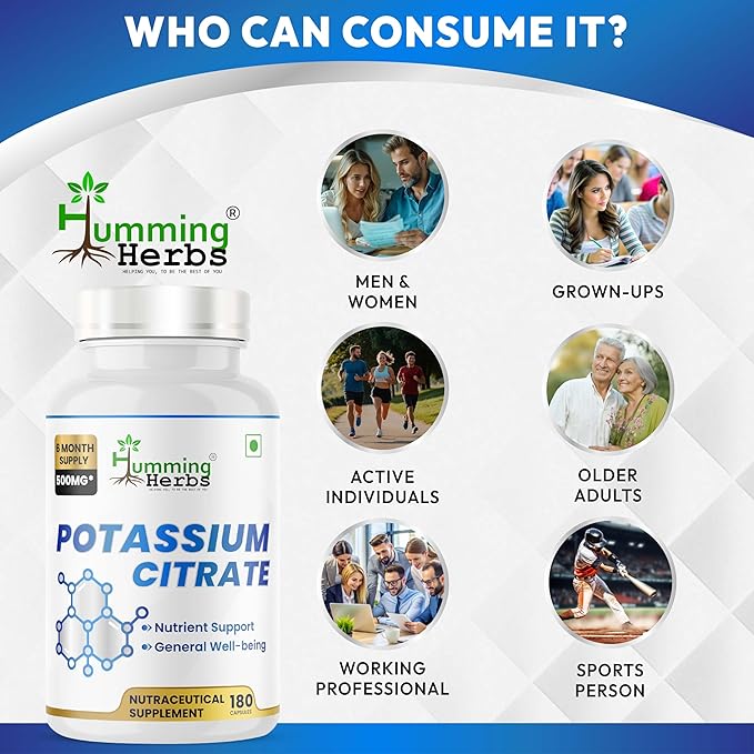 Potassium Citrate 500mg-192mg Elemental Potassium Per Serving-Non-GMO-180 Vegan Capsules