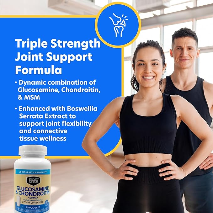 Berkley Jensen Glucosamine Chondroitin MSM Boswellia Complex - Triple Strength Advanced Dietary Supplement for Joints, Ligaments, Tendons, Bones, Connective Tissue Support, 200 Caplets (Pack of 1)