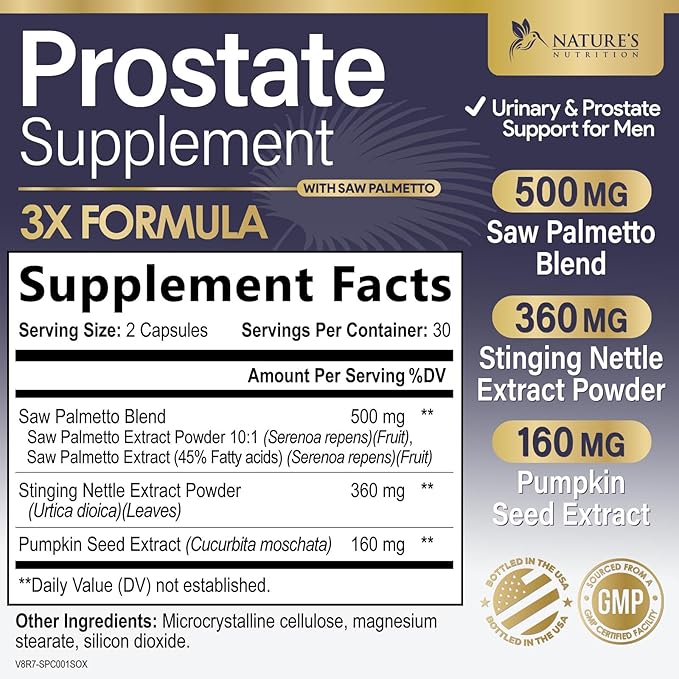 Prostate Health Supplements for Men - 3X Strength with Saw Palmetto Blend Stinging Nettle Root & Pumpkin Seed Support Complex - Supports Bathroom Trips Prostate & Urinary Health - 60 Capsules