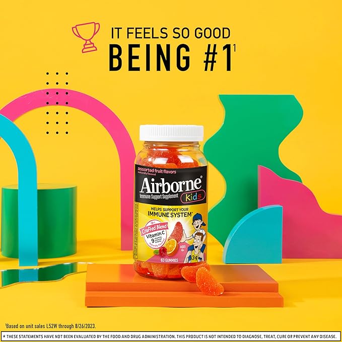 Airborne 500mg Vitamin C + Zinc Immune Support Supplement Gummies for Kids, Assorted Fruit Flavor, Gluten Free Crafted Blend with Powerful Antioxidants Vitamins C & E, 63 Gummies