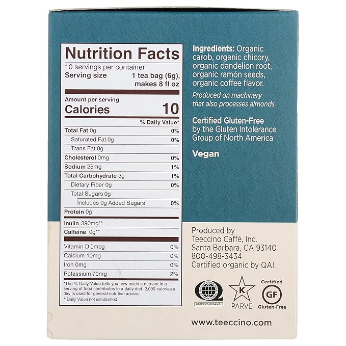 Teeccino Dandelion Tea – Dark Roast – Rich & Roasted Herbal Tea That’s Caffeine Free & Prebiotic with Detoxifying Dandelion Root, 10 Tea Bags (Pack of 4)