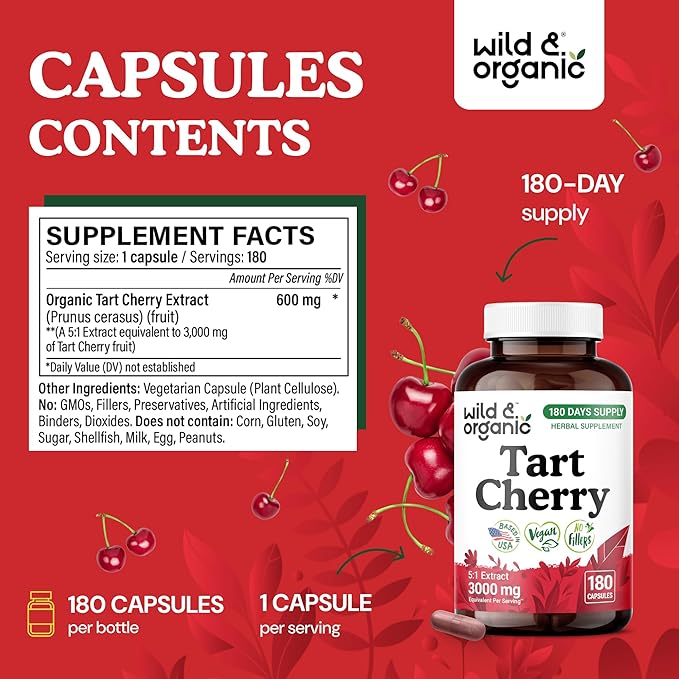 Wild & Organic Tart Cherry Extract Capsules 600 mg - Uric Acid Support - Tart Cherry Supplement - Prunus Cerasus Fruit Powder - 180 Days of Supply - Vegan, No Fillers, Non-GMO - 180 Count