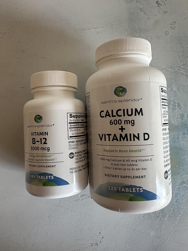 Earth's Splendor Energy + Bone Support Energy Bundle: Vitamin B12 & Calcium+Vitamin D, Gluten Free, No Artificial Flavors or Colors, Helps Energy Metabolism