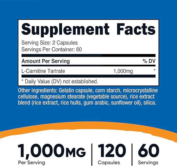 Nutricost L-Carnitine Tartrate 1000mg, 120 Capsules - 500mg Per Capsule (60 Servings)