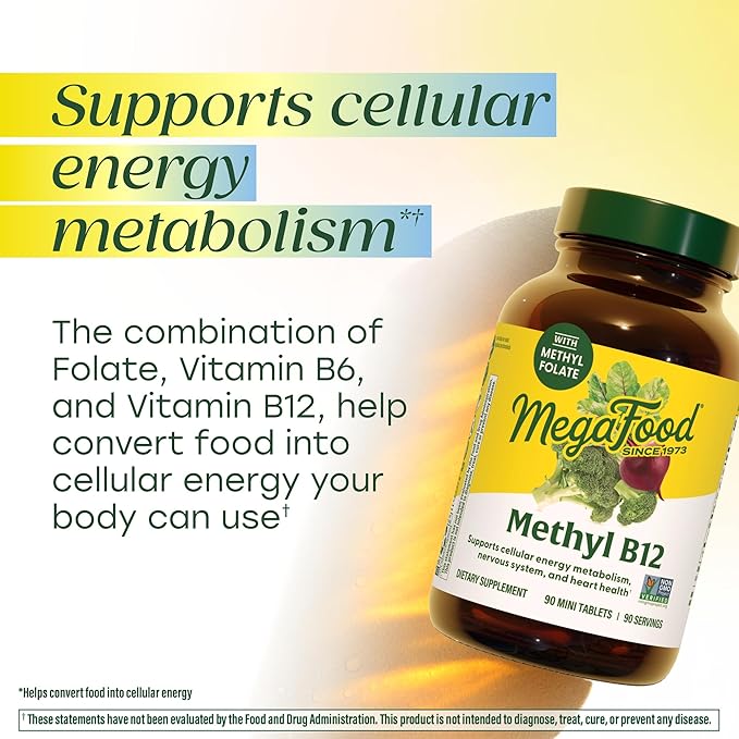 MegaFood Methyl B12 - Vegan - Includes Methyl Folate, Vitamin B12 & B6 - Supports Cellular Energy Production, Nervous System Health & Cardiovascular Function - 60 Tablets