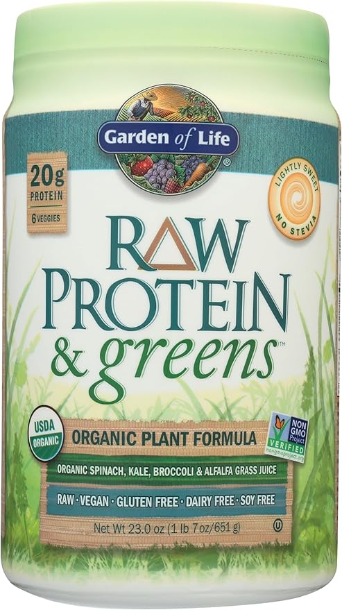 Garden of Life Raw Organic Protein & Greens Lightly Sweet, Vegan Protein Powder for Women and Men, Plant and Pea Protein, Greens, Probiotics, Gluten Free Low Carb Shake Made Without Dairy 20 Servings