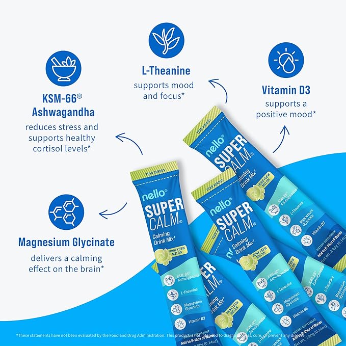 Nello Supercalm Powdered Drink Mix, Cortisol Reducer and Sleep Aid Supplement, L Theanine, Ksm-66 Ashwagandha, Magnesium Glycinate, Vitamin D 3, No Sugar, Non GMO, On The Go, 20 Ct, Honeydew Melon