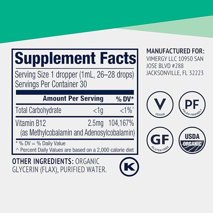 Vimergy USDA Organic Liquid Vitamin B12 Supplement 2500 mcg, Methylcobalamin & Adenosylcobalamin Fast-Absorbing Energy Support, Vegan, Non-GMO B12 Vitamins for Women & Men 30 Serving (30 mL)