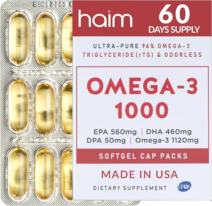 HAIM Omega-3 1000 Fish Oil Softgels — 1120mg Omega-3 with EPA DHA Fatty Acids — Burpless, Odorless, No Fishy Smell — Triple Strength Concentrated Supplement — Nutritional Softgels — 60 Count