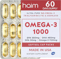 HAIM Omega-3 1000 Fish Oil Softgels — 1120mg Omega-3 with EPA DHA Fatty Acids — Burpless, Odorless, No Fishy Smell — Triple Strength Concentrated Supplement — Nutritional Softgels — 60 Count