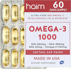 HAIM Omega-3 1000 Fish Oil Softgels — 1120mg Omega-3 with EPA DHA Fatty Acids — Burpless, Odorless, No Fishy Smell — Triple Strength Concentrated Supplement — Nutritional Softgels — 60 Count